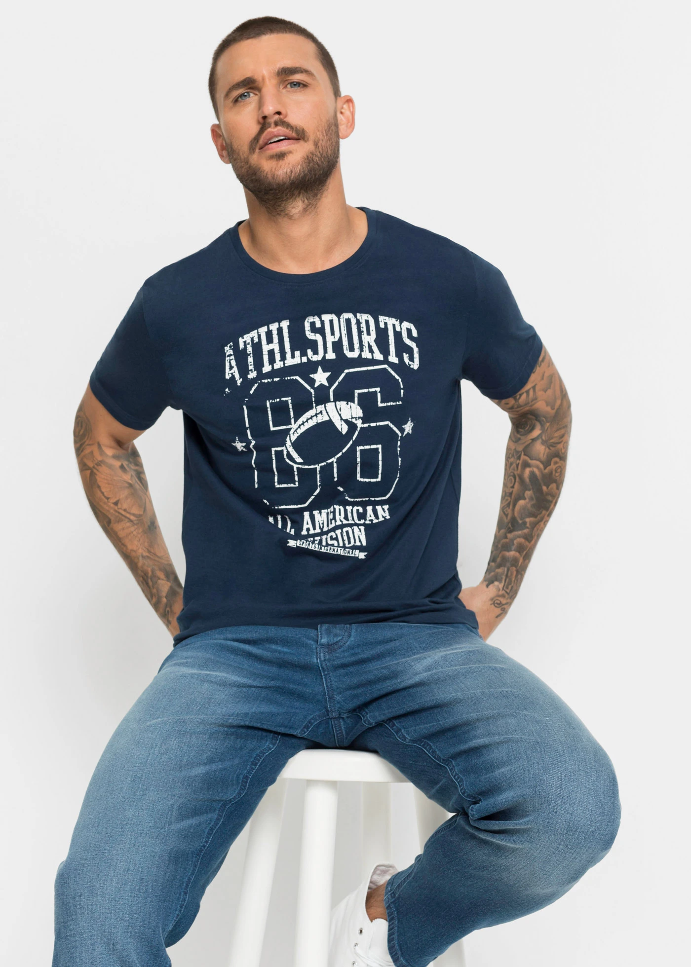 T-shirt (set van 2) in regular fit • donkerblauw+grijs gemêleerd met print • bonprix online shop