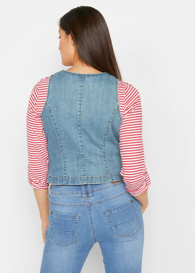 Gilet sans manches en jean extensible, Couleur: bleu clair denim