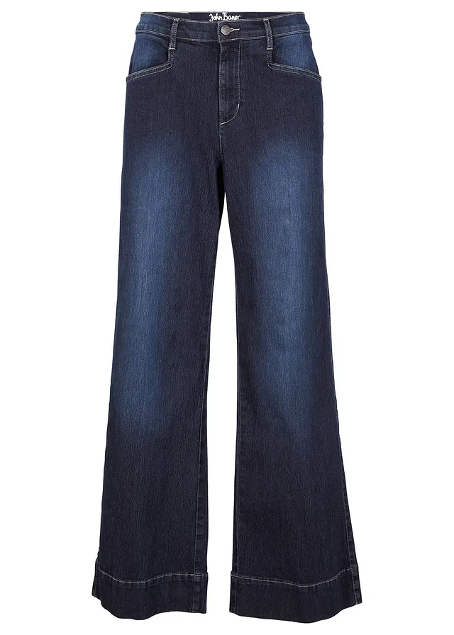Jean large taille mi-haute, extensible, Couleur: bleu foncé denim used