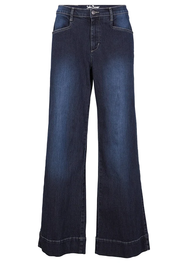 Wide leg stretch jeans, mid waist, Kleur: donkerblauw denim used