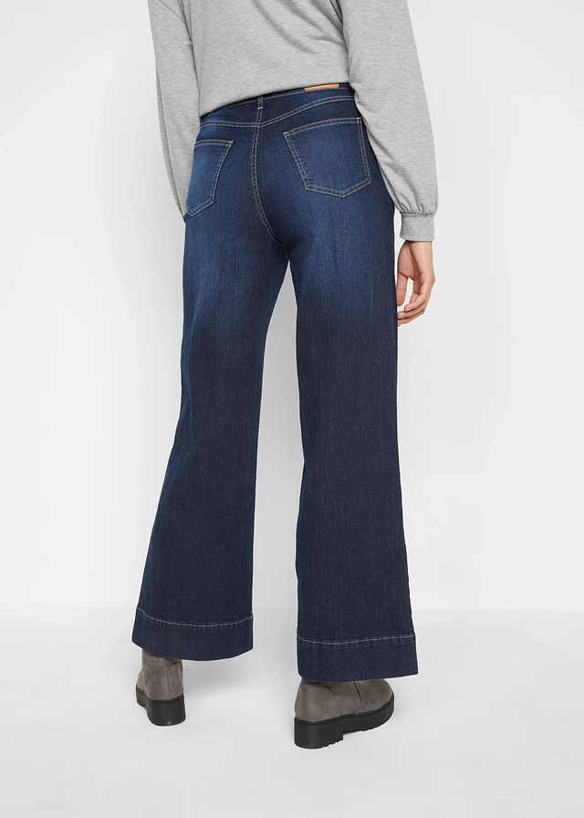 Wide leg stretch jeans, mid waist, Kleur: donkerblauw denim used