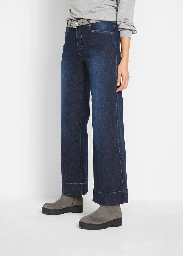 Blugi largi cu talie medie, stretch, culoare: marin denim uzat