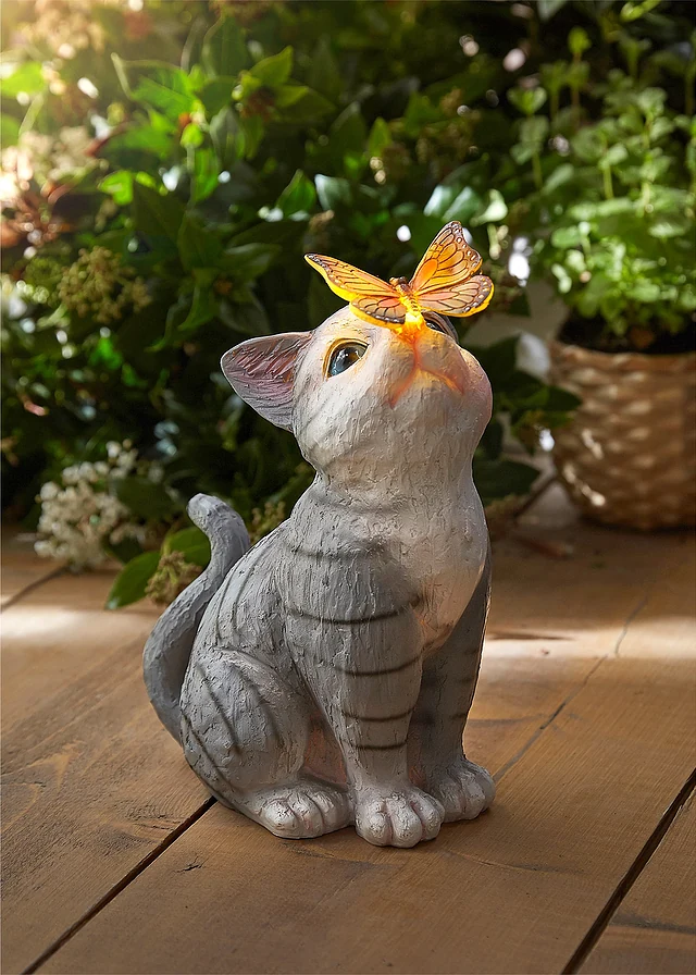 Lampe déco solaire chat avec papillon, Couleur: gris/blanc