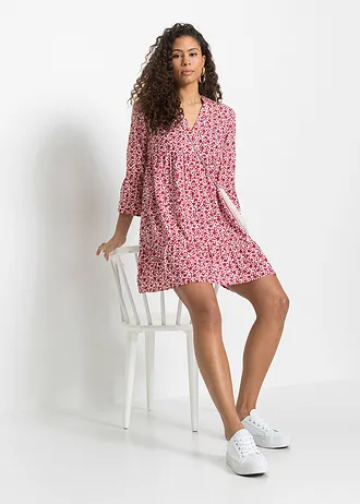 Robe courte à volants en viscose • blanc-rouge foncé à fleurs • Boutique bonprix
