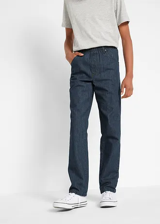 Lot de 3 pantalons regular à taille élastiquée, droit, 100% coton, Couleur: noir denim + bleu foncé denim + taupe