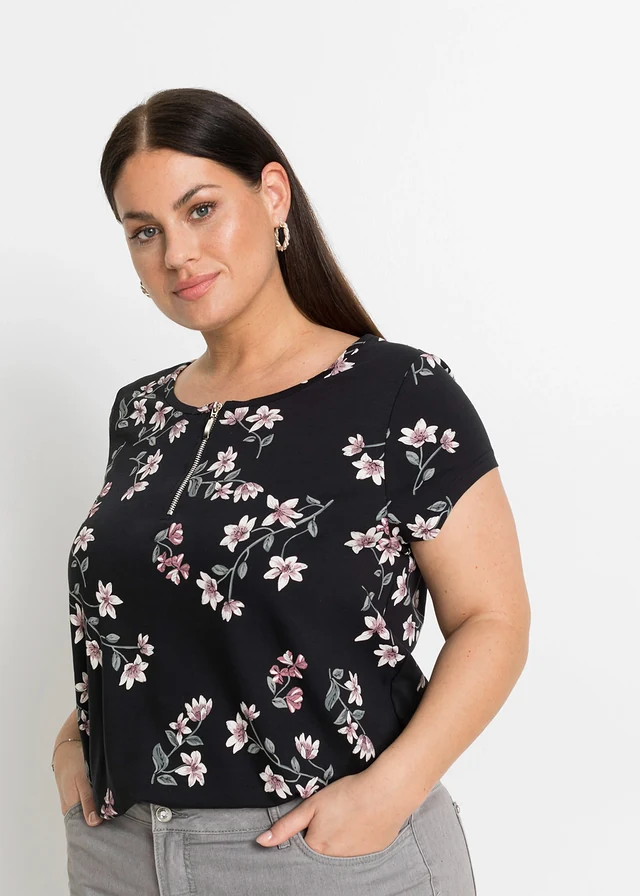 Oversized shirt in een katoenmix, Kleur: zwart-roze gebloemd