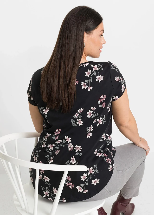 T-shirt oversize en coton extensible, Couleur: noir/rose floral