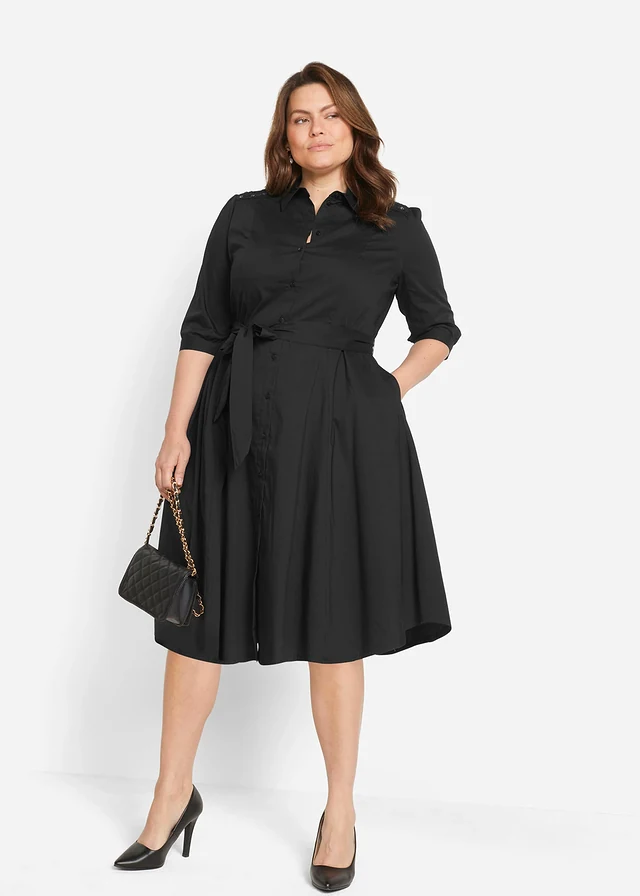 Robe-chemise avec dentelle et lien à nouer, Couleur: noir