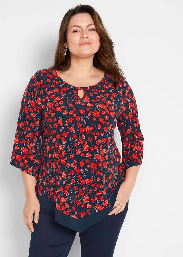 T-shirt tunique, Couleur: bleu foncé-fraise floral
