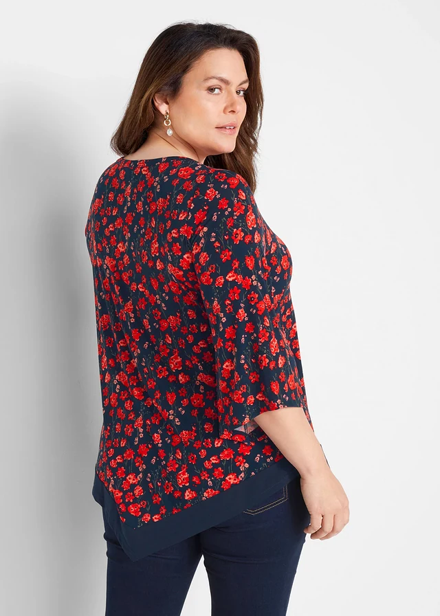 T-shirt tunique, Couleur: bleu foncé-fraise floral