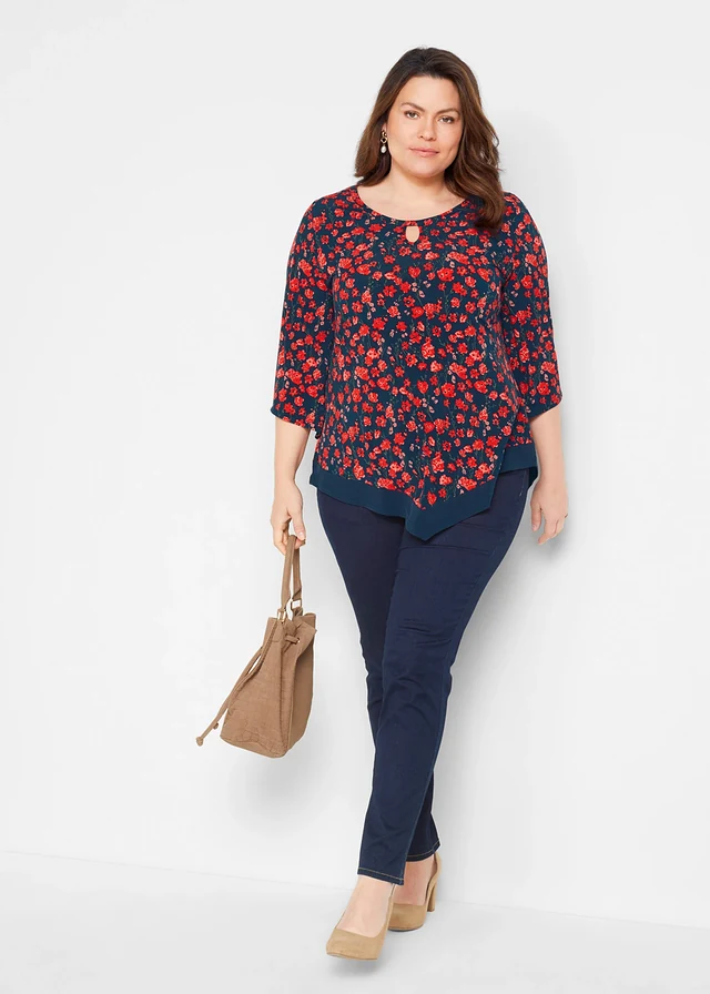 T-shirt tunique, Couleur: bleu foncé-fraise floral