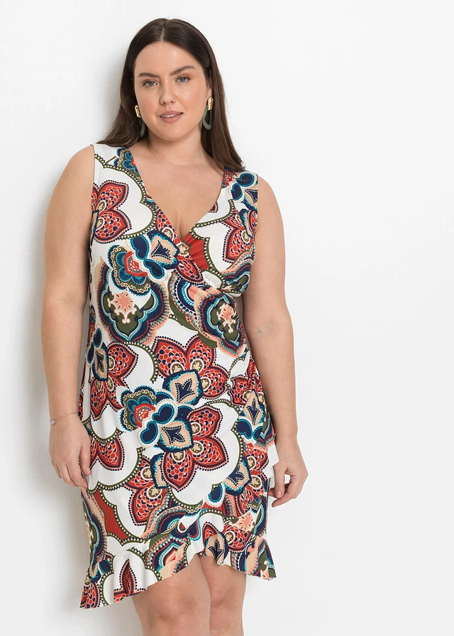 Robe courte à volants, Couleur: blanc/bleu/orange foncé imprimé