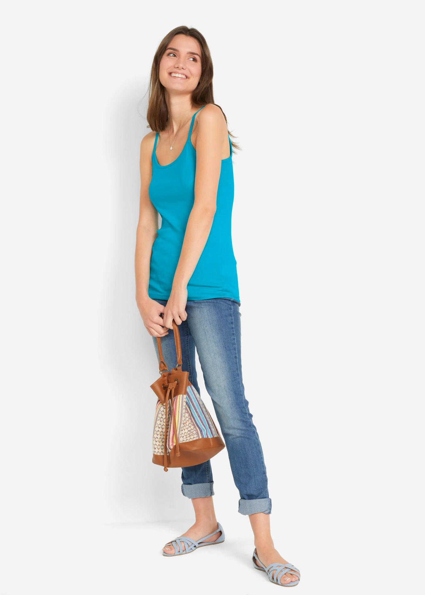 Top met spaghettibandjes (set van 3) • lichtlimoen+donkerpink+caraïbisch blauw • bonprix online shop