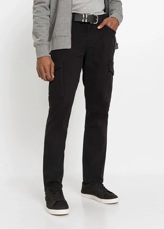 Pantalon slim extensible, jambes droites, avec poches cargo, Couleur: noir