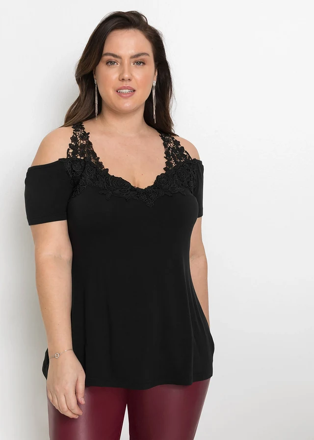 Cold shoulder shirt met kant, Kleur: zwart