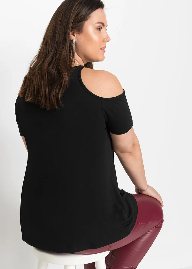 Cold shoulder shirt met kant, Kleur: zwart