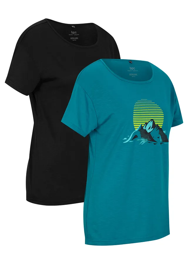 T-shirt sportowy, szybko schnący (2 szt.) • morski turkusowy+czarny z nadrukiem • sklep bonprix