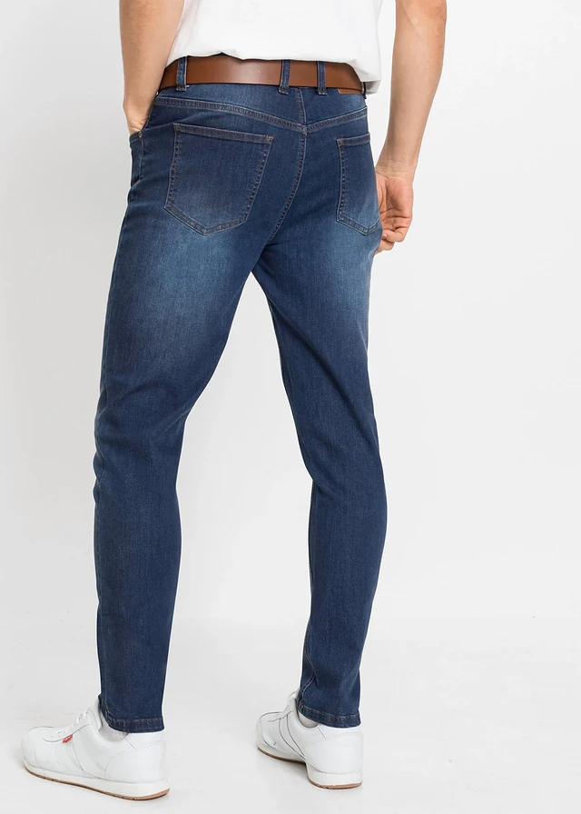 Lot de 2 jeans très extensibles slim, jambes fuselées, Couleur: bleu clair denim + bleu foncé denim
