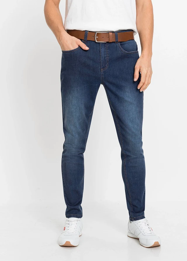 Lot de 2 jeans très extensibles slim, jambes fuselées, Couleur: bleu clair denim + bleu foncé denim