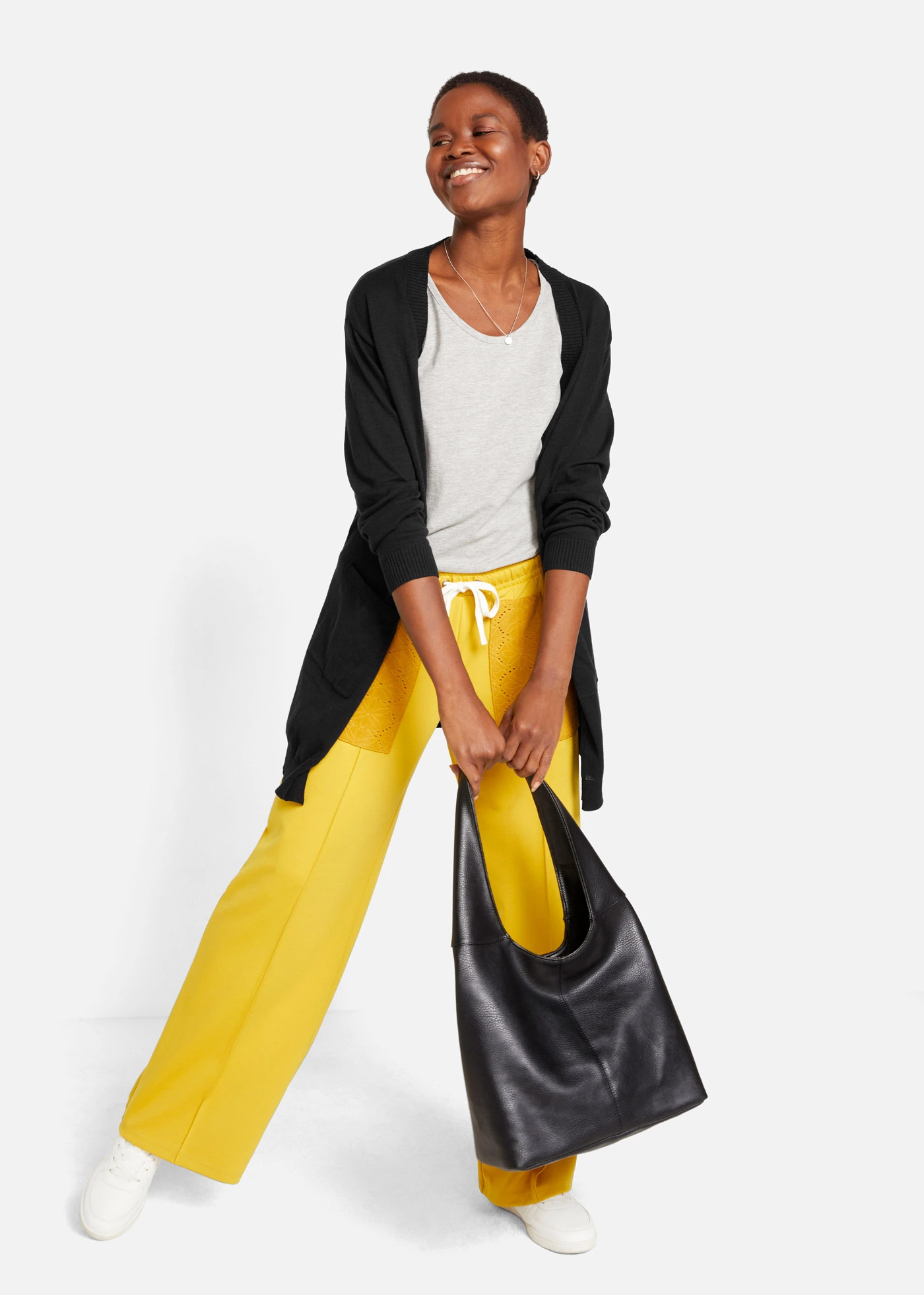 Sweter bawełniany bez zapięcia, z dzianiny o splocie drobnych oczek • czarny • sklep bonprix