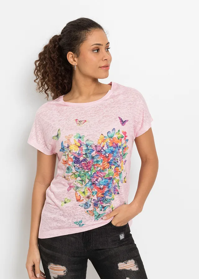 T-shirt à imprimé papillon, Couleur: rose imprimé