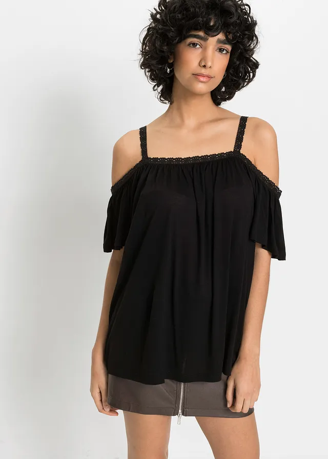 T-shirt à épaules dénudées en viscose douce, Couleur: noir