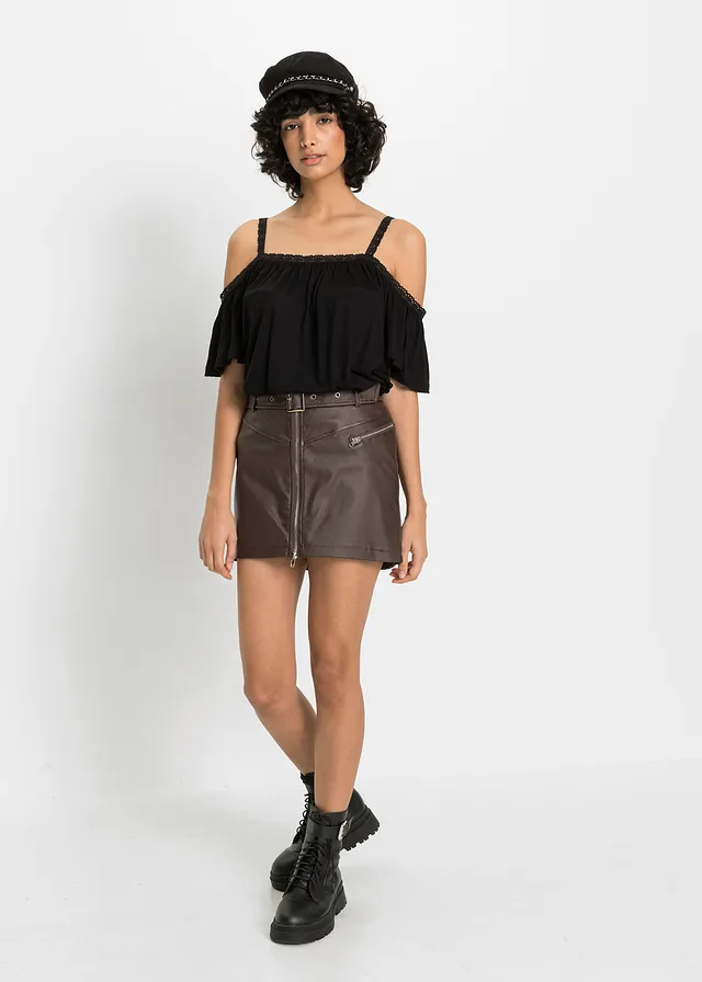 T-shirt à épaules dénudées en viscose douce, Couleur: noir