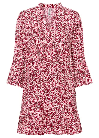 Mini jurk met volants van viscose, Kleur: wit-avondrood gebloemd