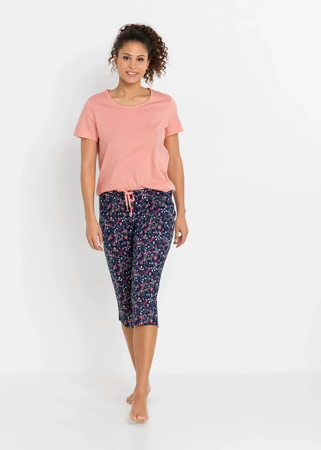 Capri pyjama (set van 2), Kleur: zwart gedessineerd+lichtkoraal gebloemd