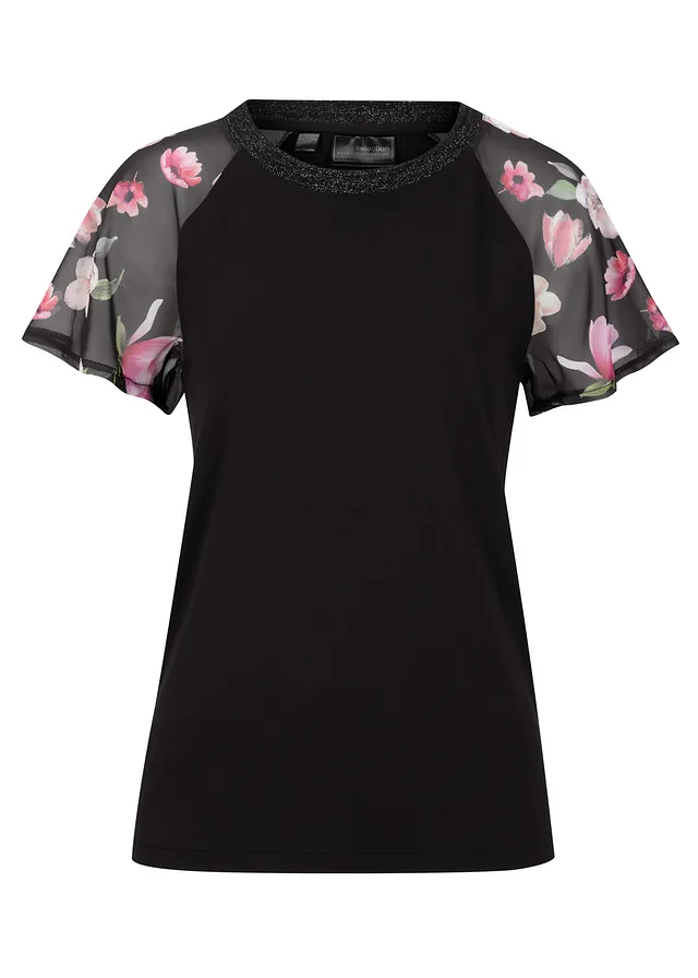 Shirt met chiffon mouwen • zwart gebloemd • bonprix online shop