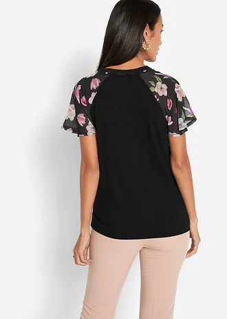 T-shirt avec manches en mousseline • noir floral • Boutique bonprix