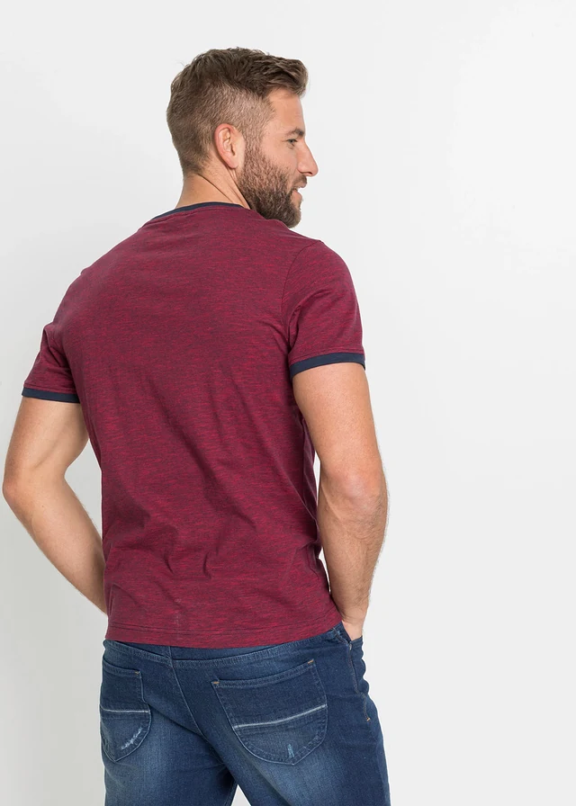 T-shirt en coton avec laçage, Couleur: rouge foncé-bleu foncé chiné