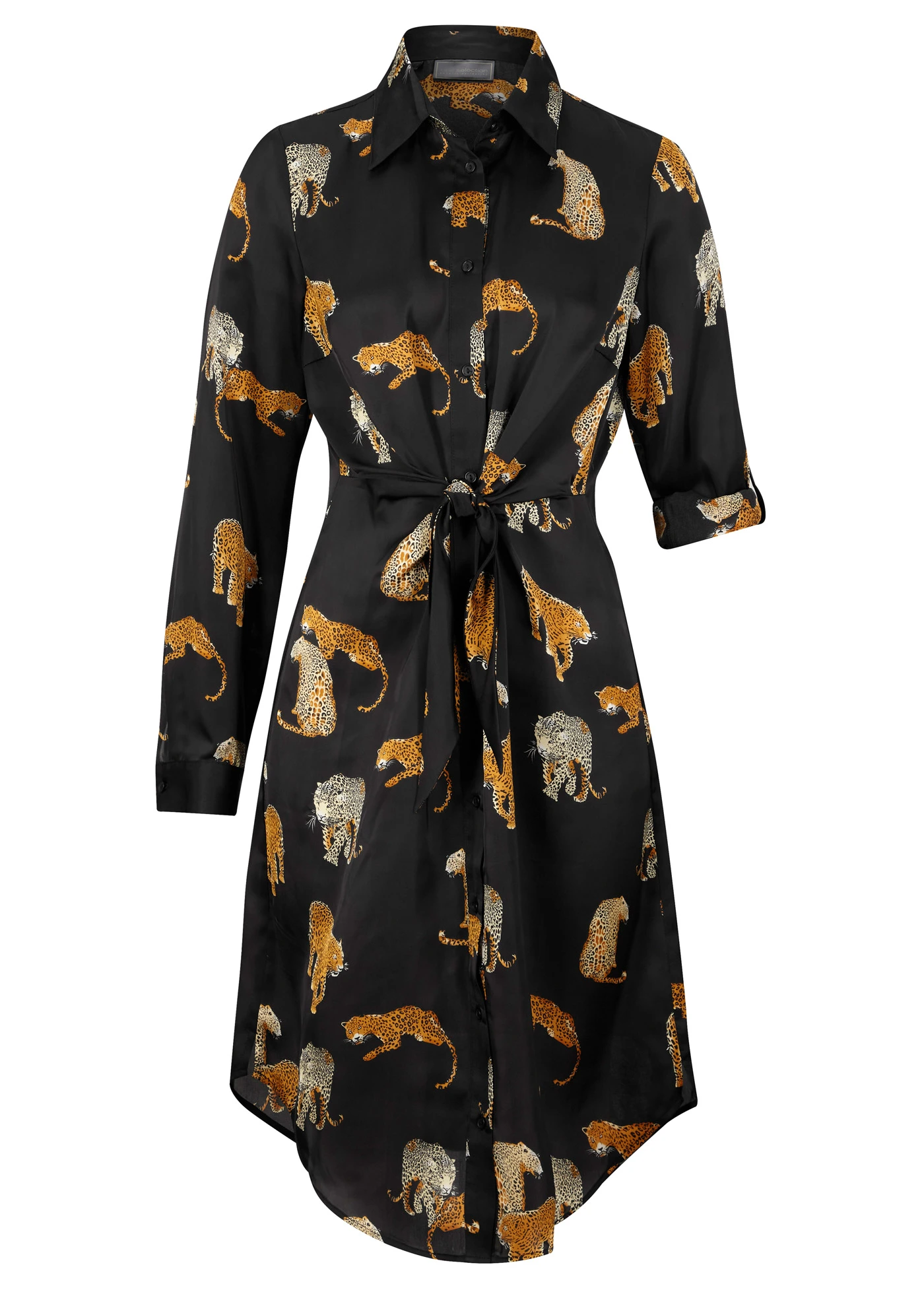Saténové košilové šaty • černá s leopardím potiskem • bonprix obchod