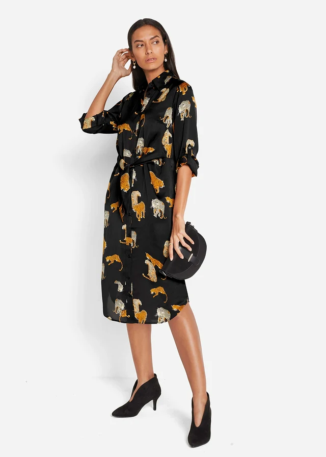 Robe-chemise en satin, Couleur: noir léopard