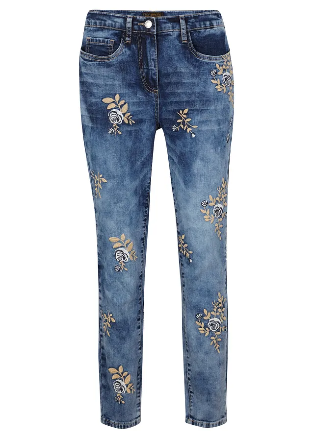 Jean slim avec broderies florales, Couleur: bleu denim
