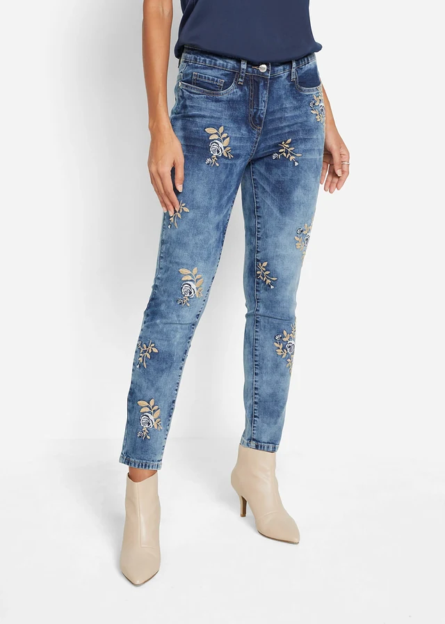 Jean slim avec broderies florales, Couleur: bleu denim