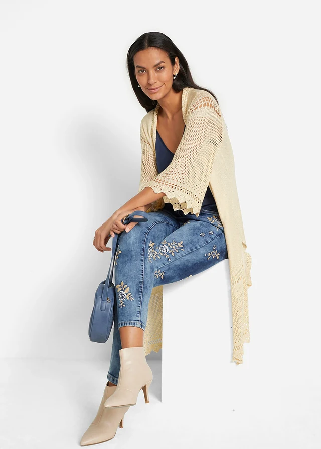 Jean slim avec broderies florales, Couleur: bleu denim