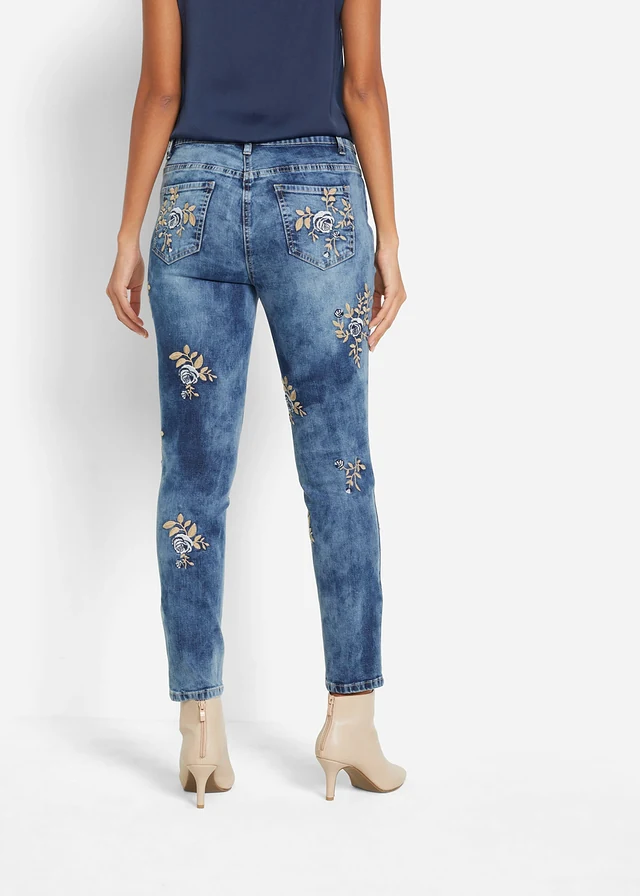 Jean slim avec broderies florales, Couleur: bleu denim
