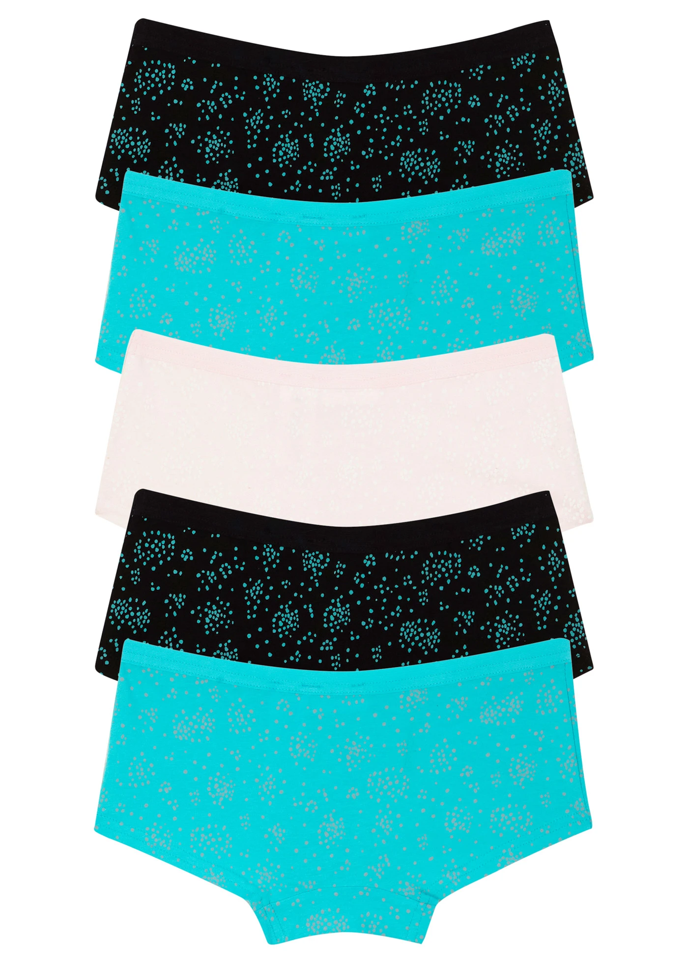 Bokové kalhotky s měkkou bavlnou (5 ks v balení) • aqua + světle růžová + černá s potiskem • bonprix obchod