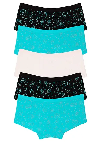 Bokové kalhotky s měkkou bavlnou (5 ks v balení) • aqua + světle růžová + černá s potiskem • bonprix obchod