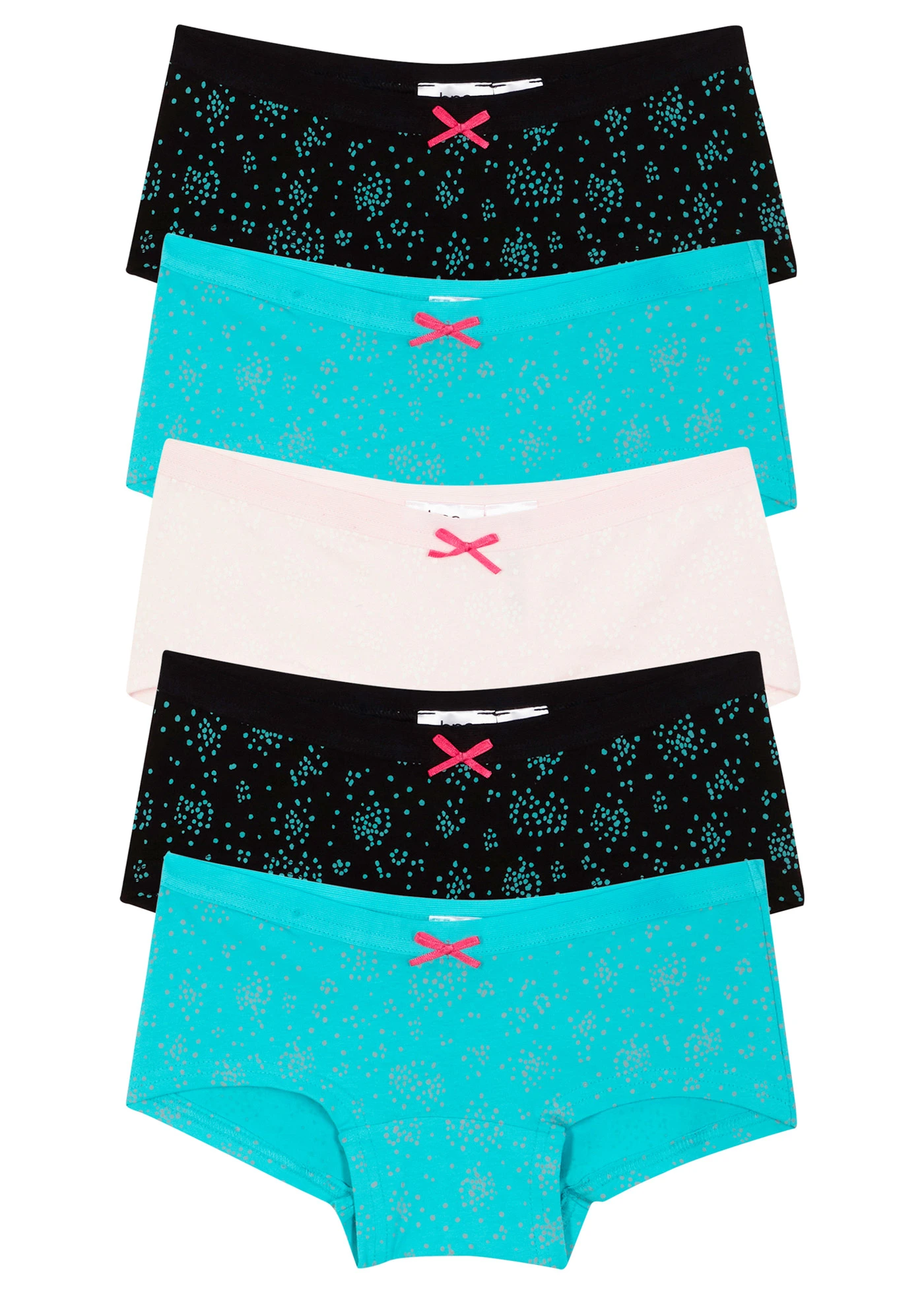 Bokové kalhotky s měkkou bavlnou (5 ks v balení) • aqua + světle růžová + černá s potiskem • bonprix obchod