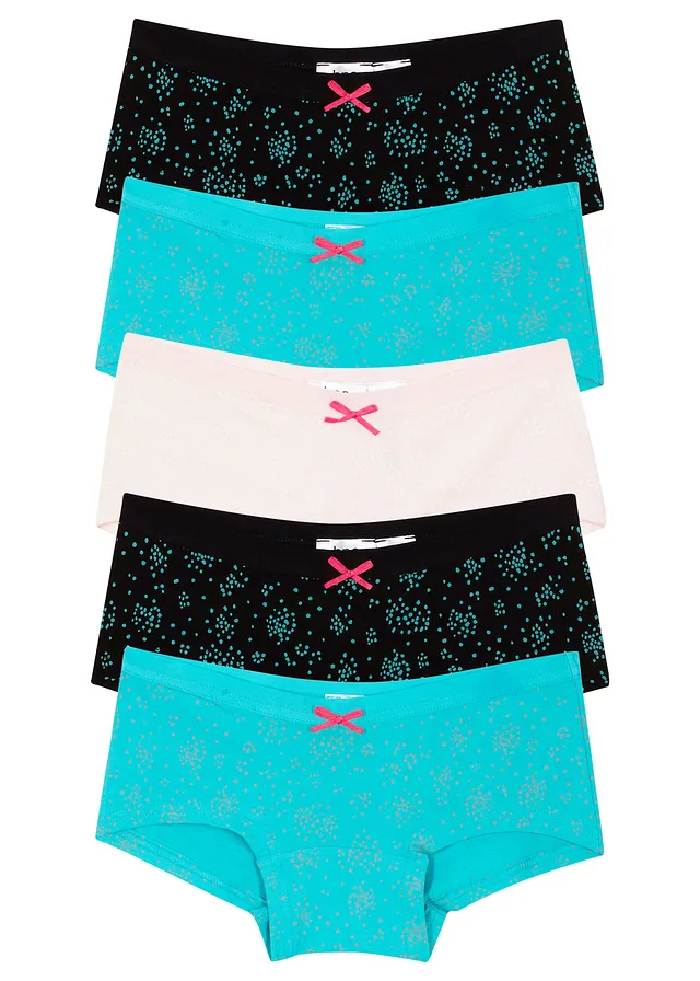 Bokové kalhotky s měkkou bavlnou (5 ks v balení) • aqua + světle růžová + černá s potiskem • bonprix obchod