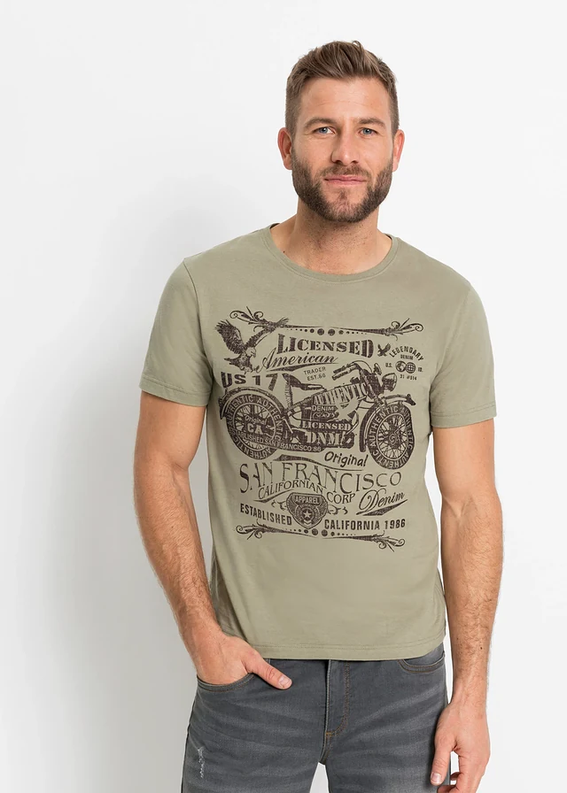 T-shirt van puur katoen, Kleur: new kaki met print