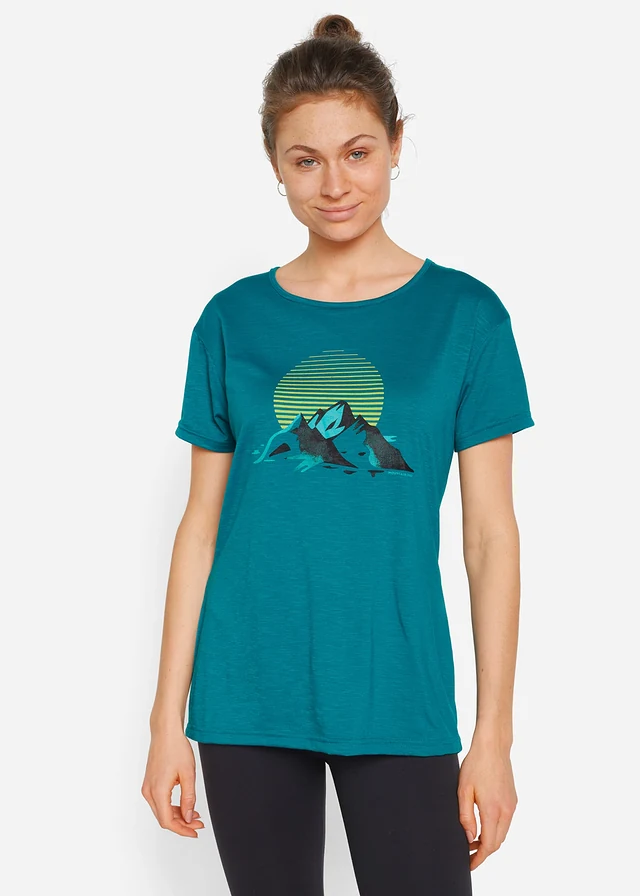 Lot de 2 T-shirts de sport à séchage rapide, Couleur: bleu océan + noir imprimé