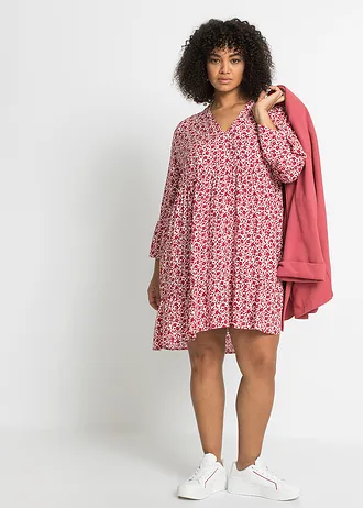 Mini jurk met volants van viscose, Kleur: wit-avondrood gebloemd