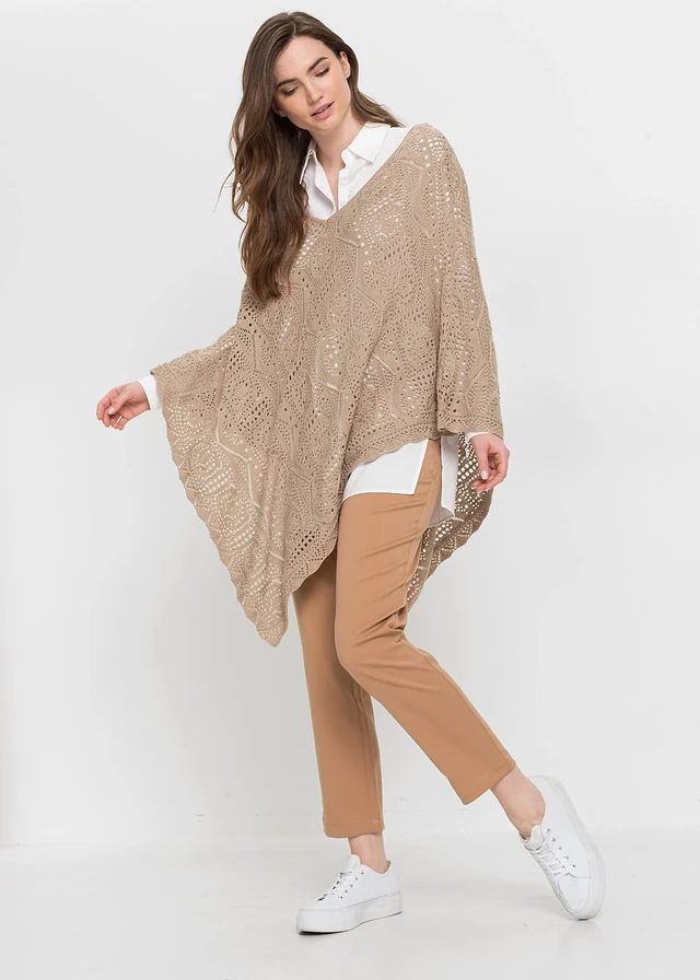 Poncho in gehaakte look, Kleur: amandelbeige