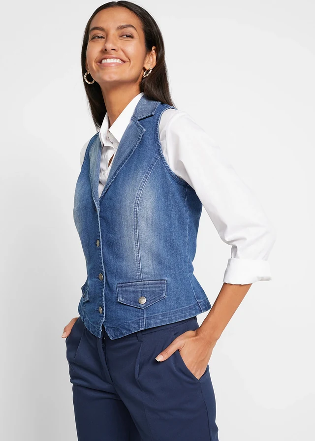 Gilet sans manches en jean extensible, Couleur: bleu denim