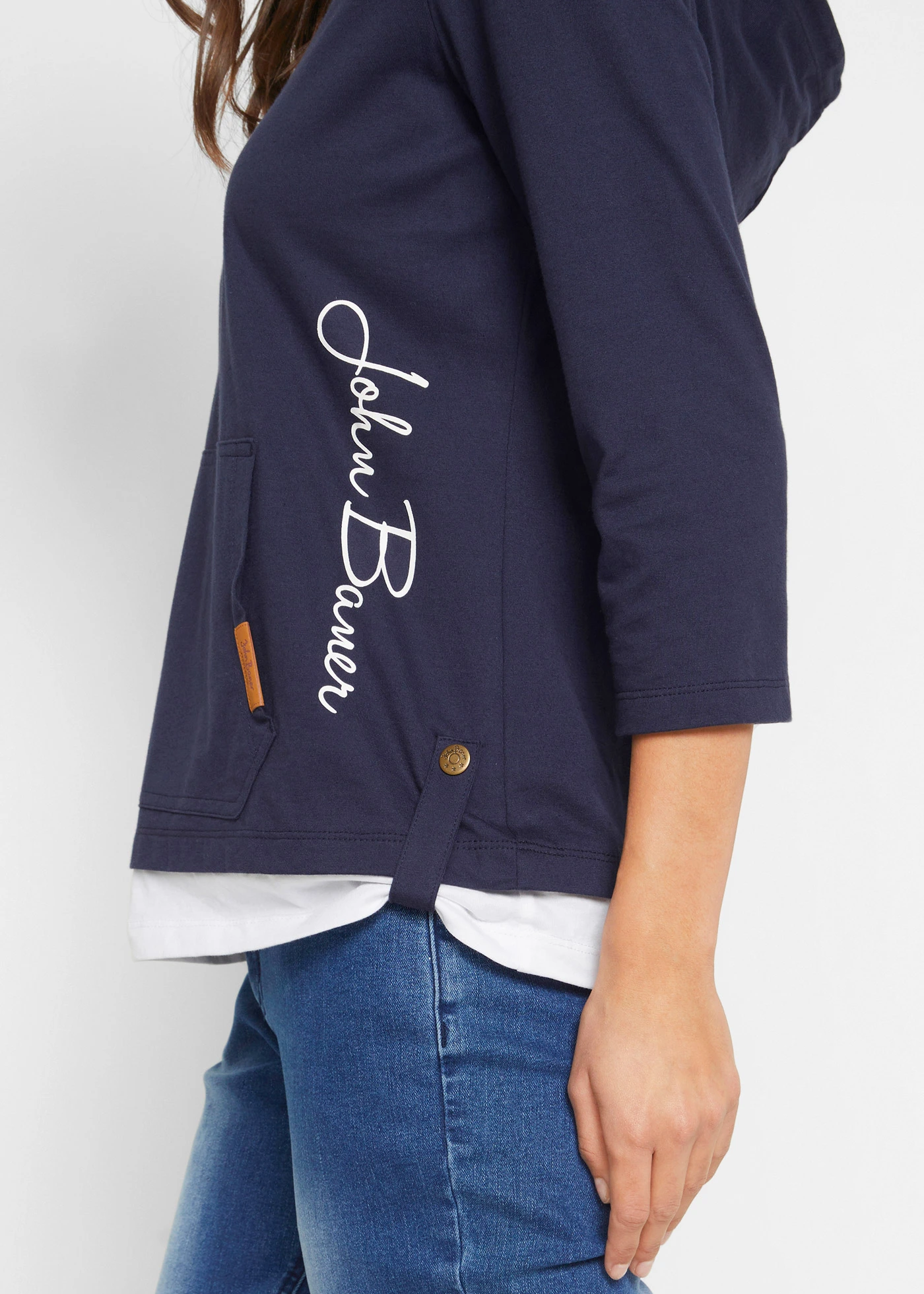 T-shirt à capuche, manches 3/4, 100% coton • bleu foncé imprimé • Boutique bonprix