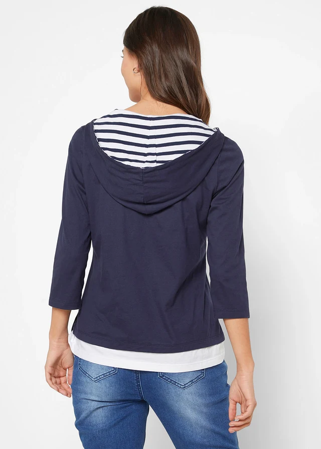 T-shirt à capuche, manches 3/4, 100% coton, Couleur: bleu foncé imprimé