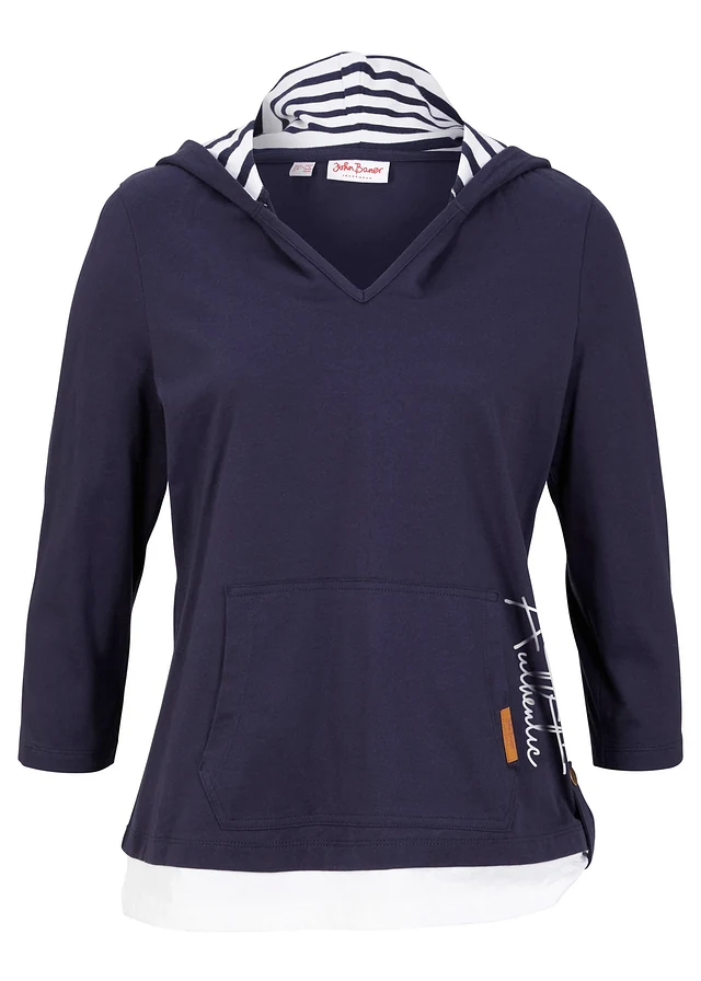 T-shirt à capuche, manches 3/4, 100% coton, Couleur: bleu foncé imprimé